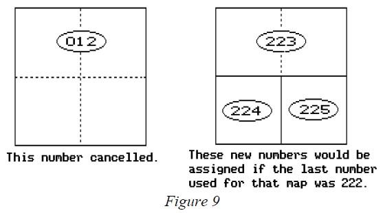 Figure 9 shows a map before and after a property split. The before map shows a single parcel labeled 12, that will be canceled after the split is complete. The after picture shows that the original parcel was split into 3 separate parcels. The newly created parcels are numbered 223, 224 and 225. These new numbers would be assigned if the last number used for that map was 222.