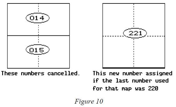  Figure 10 shows a map before and after a property merger. The before map shows two adjoining parcels labeled 14 and 15 that will be cancelled after they are merged into a single parcel. The after picture shows the newly created parcel from the merger. The newly created parcel is numbered 221. This new number assigned if the last last number used for the map was 220.