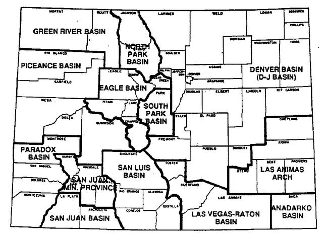 Map showing the following basins in Colorado: Green River, Piceance, North Park, Eagle, South Park, Denver (D-J), Paradox, San Juan, San Luis, Las Animas Arch, San Juan Min. Province, Las Vegas-Raton, and Anadarko